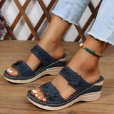 Damen Blumige Keil-Ledersandalen