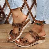 Damen Blumige Keil-Ledersandalen