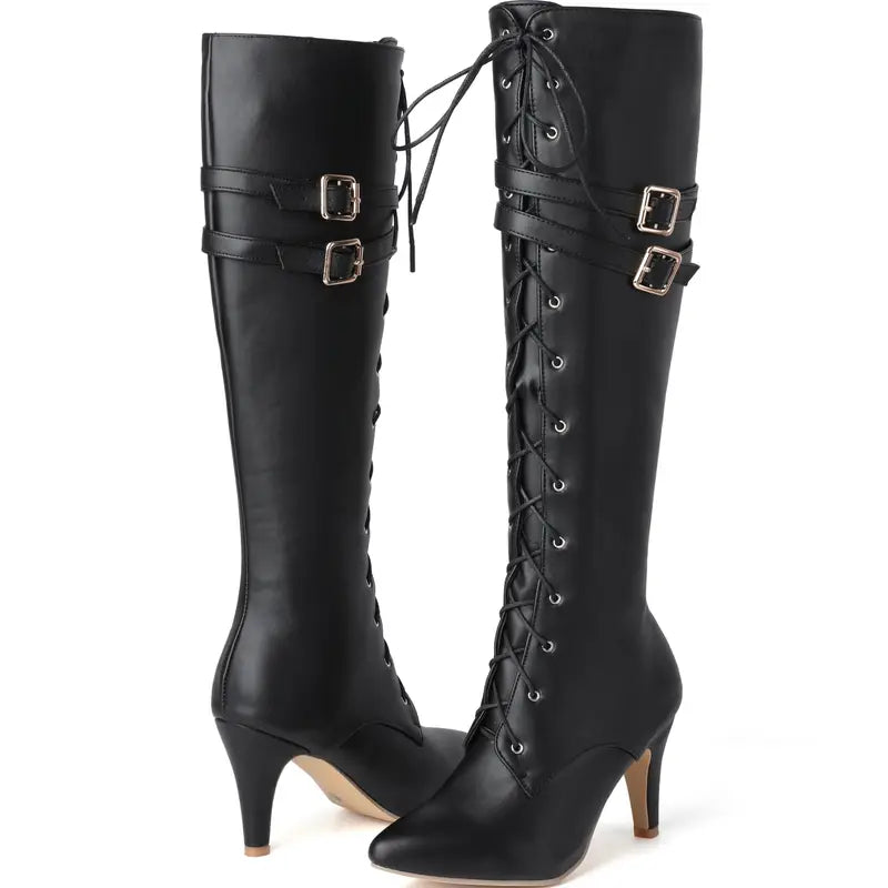 Xbemkste Damen Langschaftstiefel Mit Schleife Blockabsatz