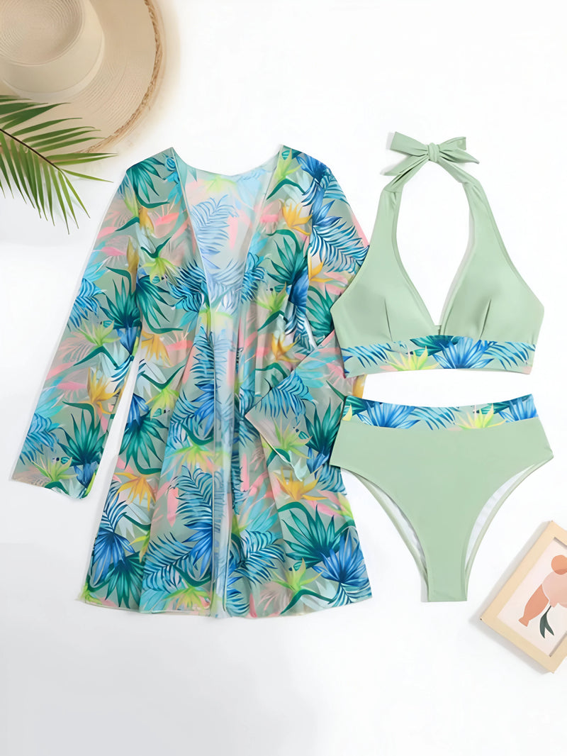 Bikini-Set mit tropischem Print und passendem Blumen-Cover-Up