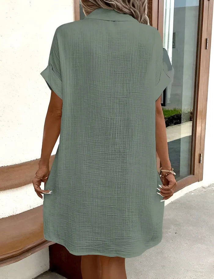 Women's V-Neck Button-Up Short Sleeve Dress with Pockets