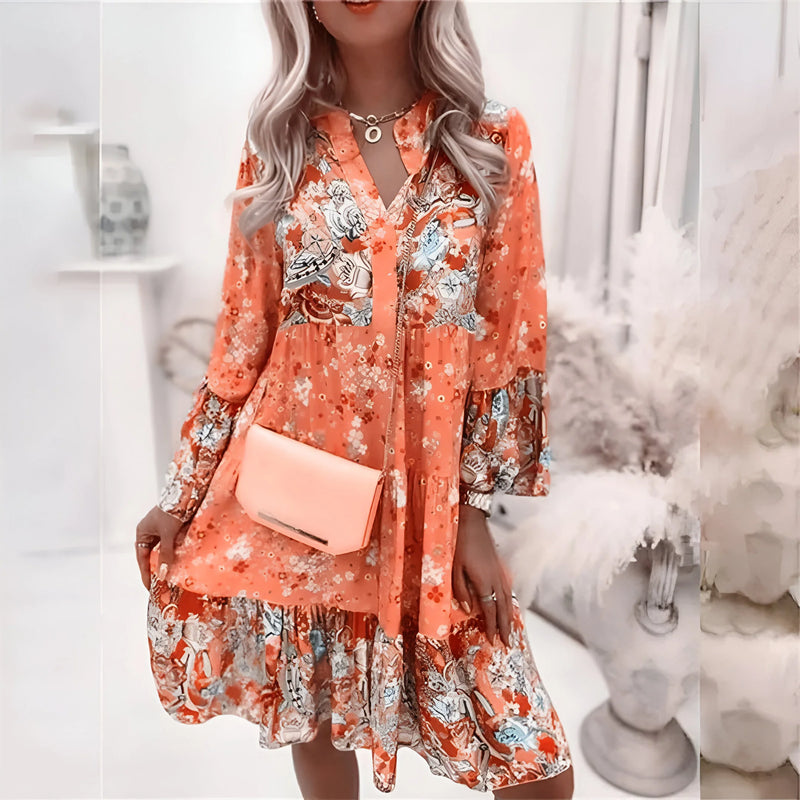 Boho-Kleid mit Blumenmuster, V-Ausschnitt und A-Linien-Silhouette