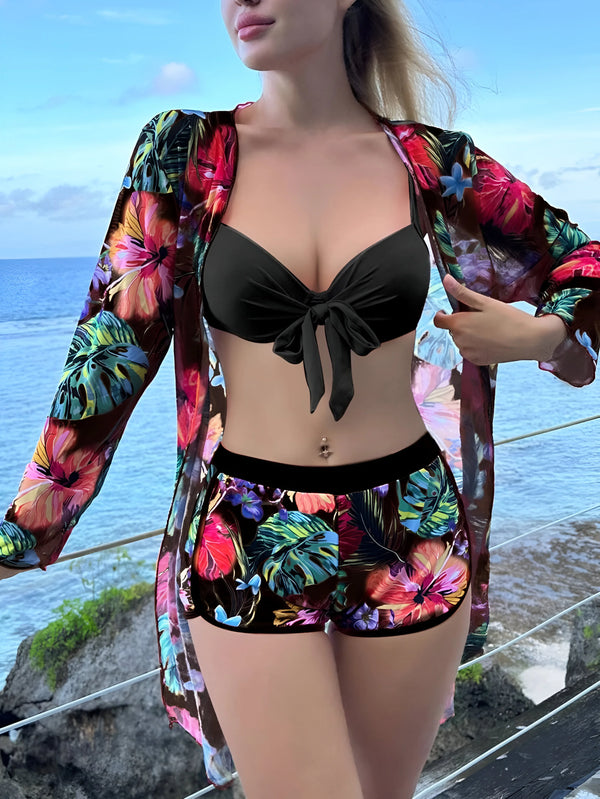 Bikini-Set mit tropischem Print und Kimono-Cover-Up