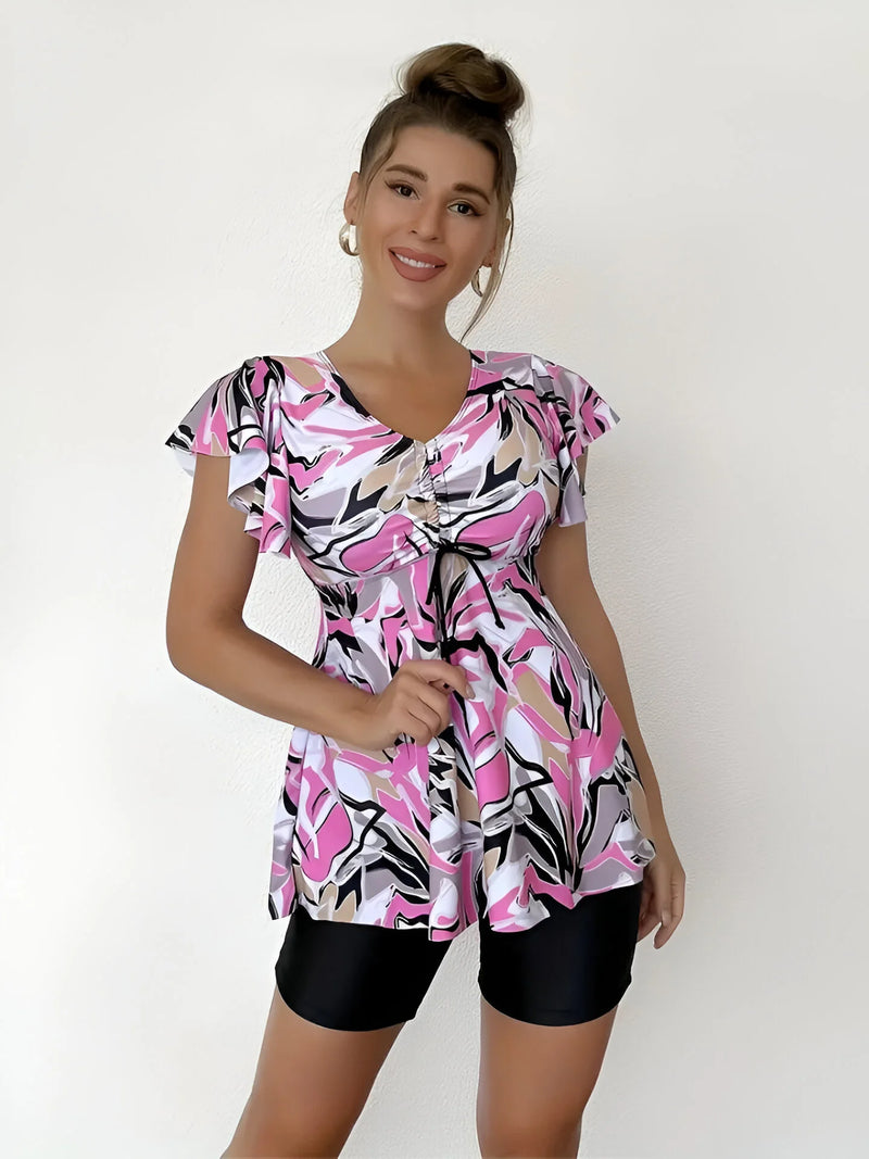 Blumiges Tankini-Set mit V-Ausschnitt und Rüschen-Trägern