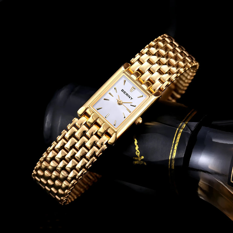 Damen Stylische Quadrat Gold Uhr