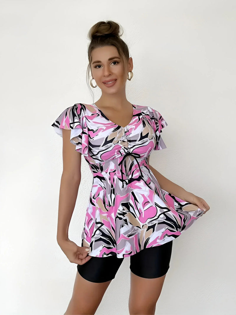 Blumiges Tankini-Set mit V-Ausschnitt und Rüschen-Trägern