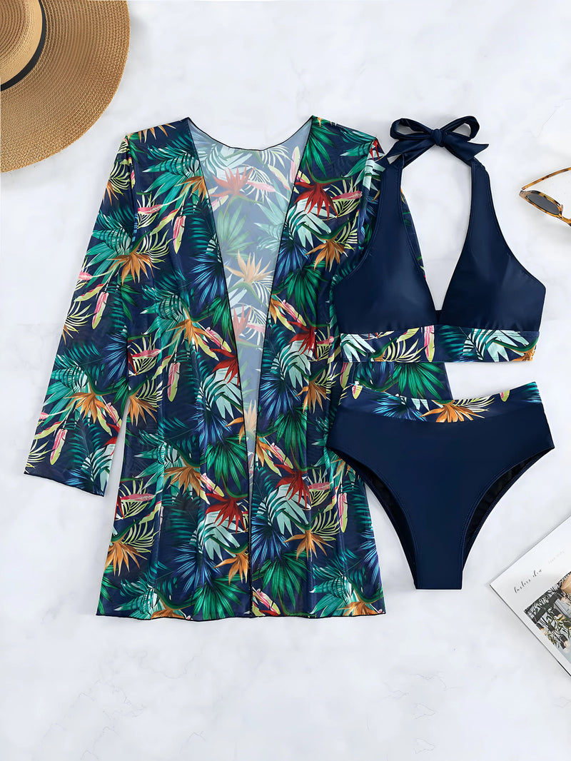 Bikini-Set mit tropischem Print und passendem Blumen-Cover-Up