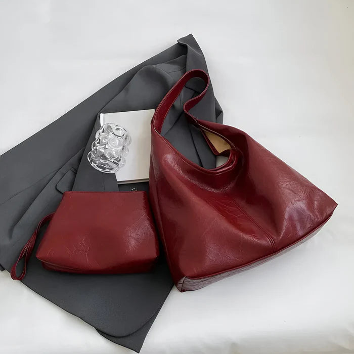 2-teiliges Set: Große Schultertasche aus Leder