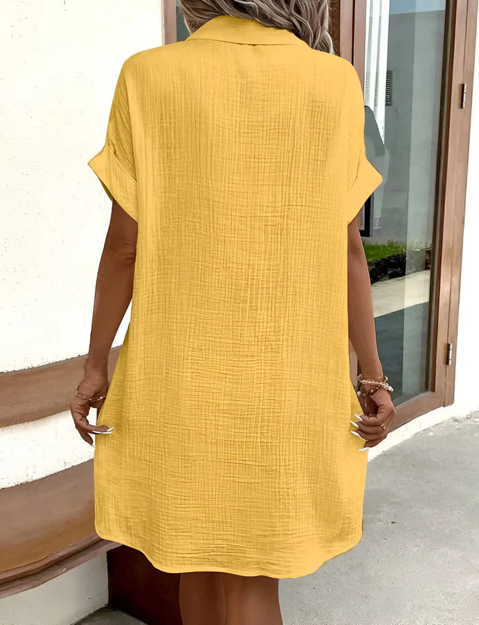 Women's V-Neck Button-Up Short Sleeve Dress with Pockets