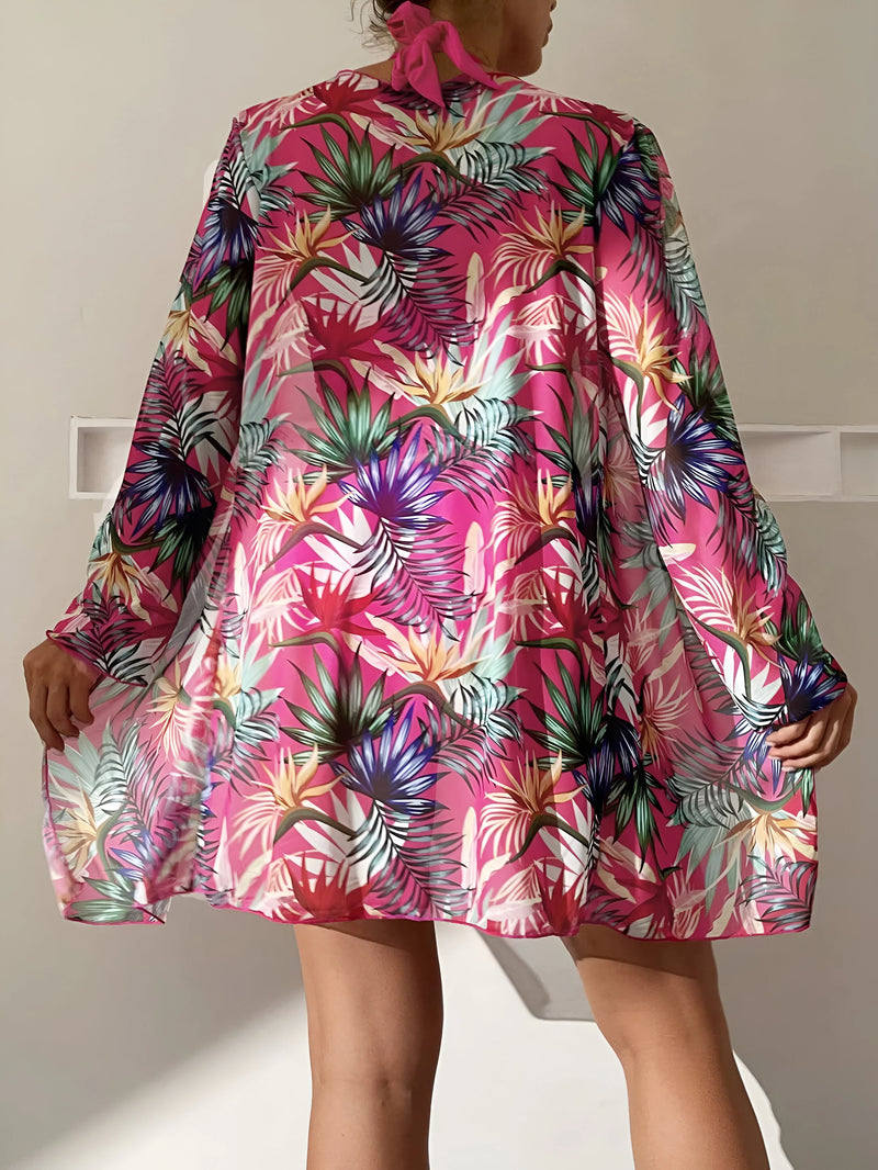 Bikini-Set mit tropischem Print und passendem Blumen-Cover-Up