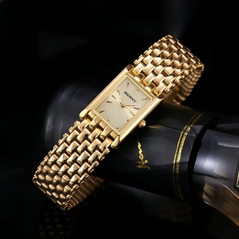 Damen Stylische Quadrat Gold Uhr