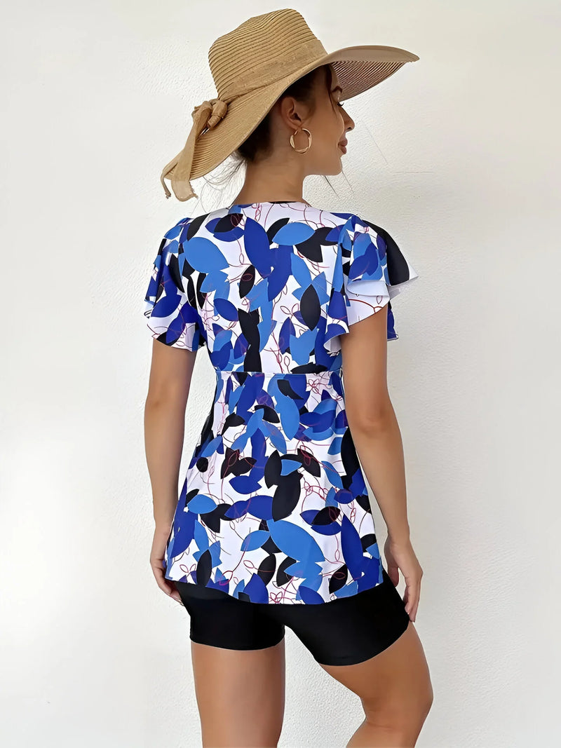 Blumiges Tankini-Set mit V-Ausschnitt und Rüschen-Trägern