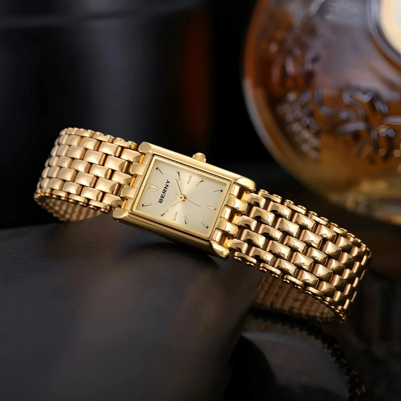 Damen Stylische Quadrat Gold Uhr