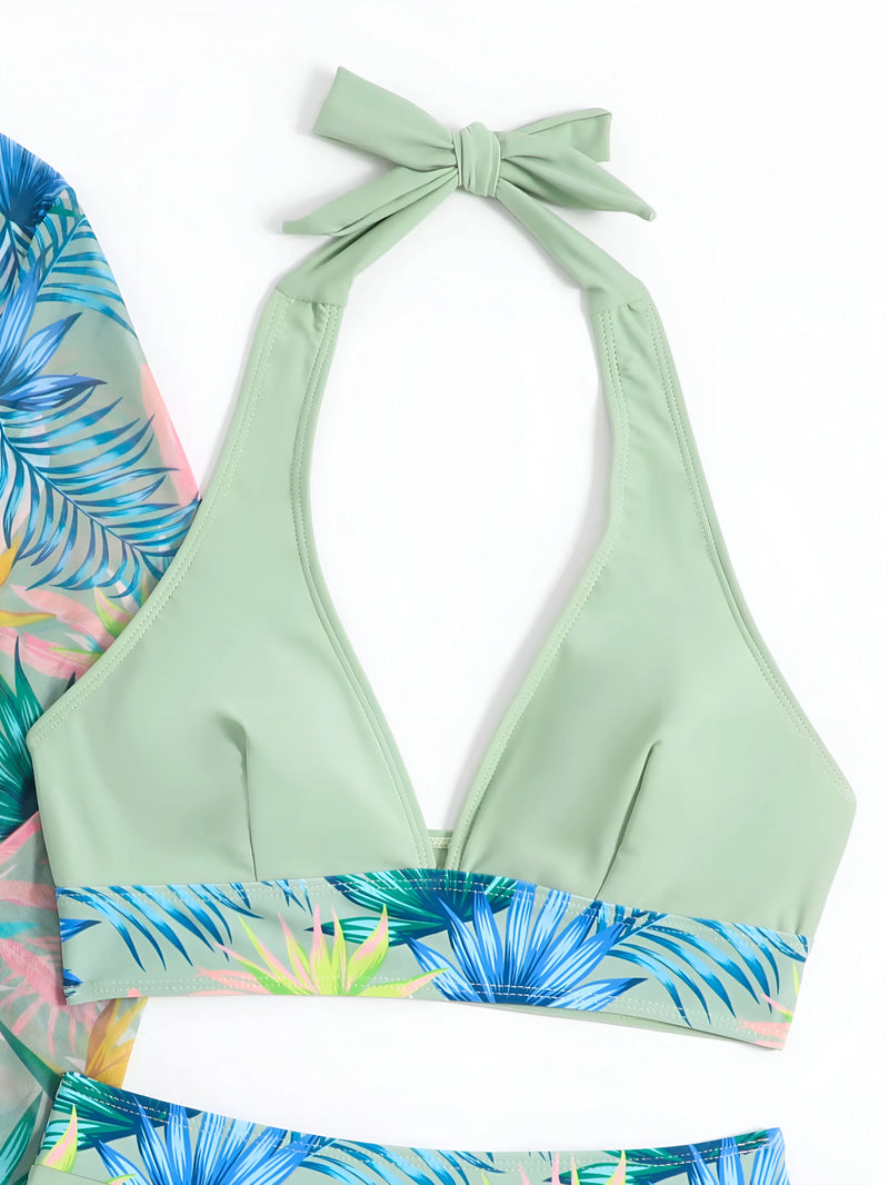Bikini-Set mit tropischem Print und passendem Blumen-Cover-Up