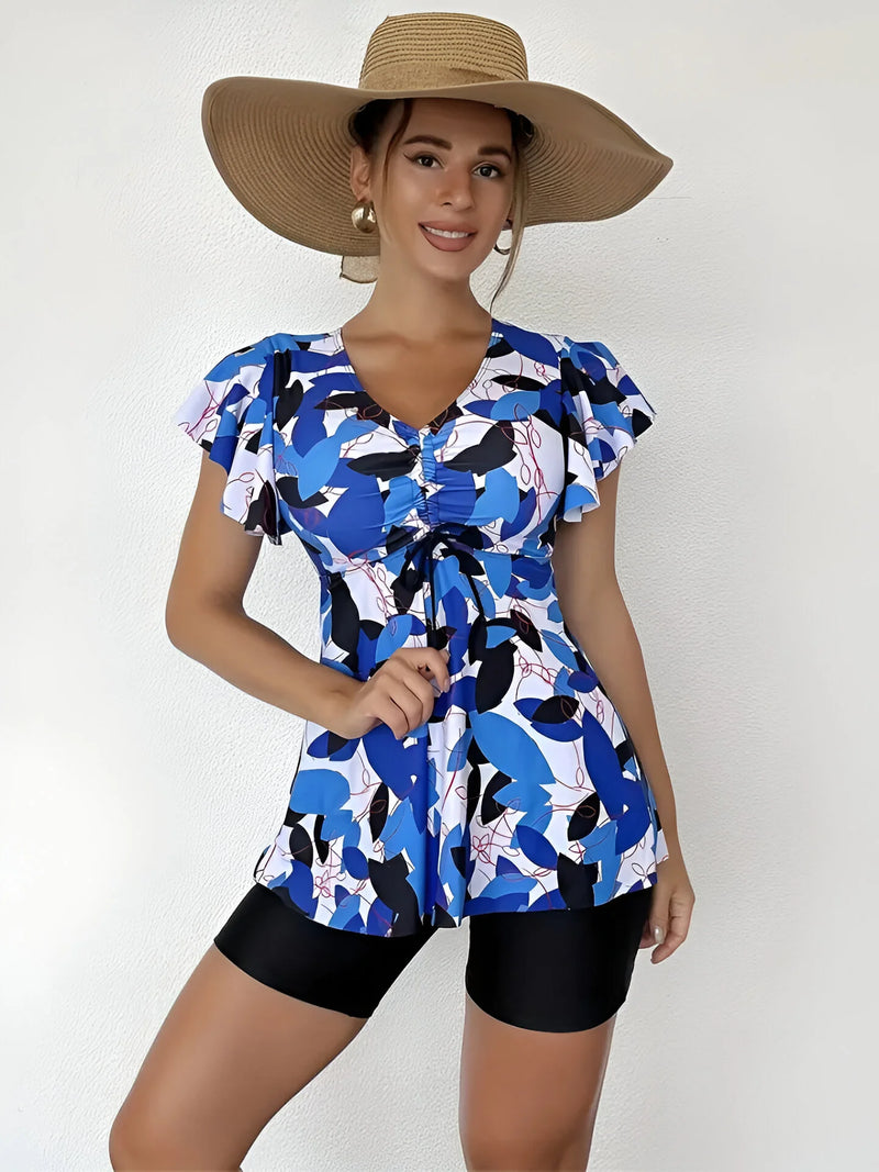 Blumiges Tankini-Set mit V-Ausschnitt und Rüschen-Trägern