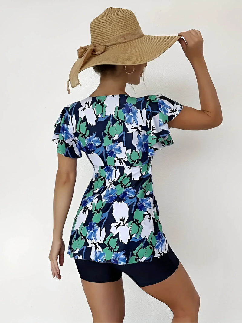 Blumiges Tankini-Set mit V-Ausschnitt und Rüschen-Trägern