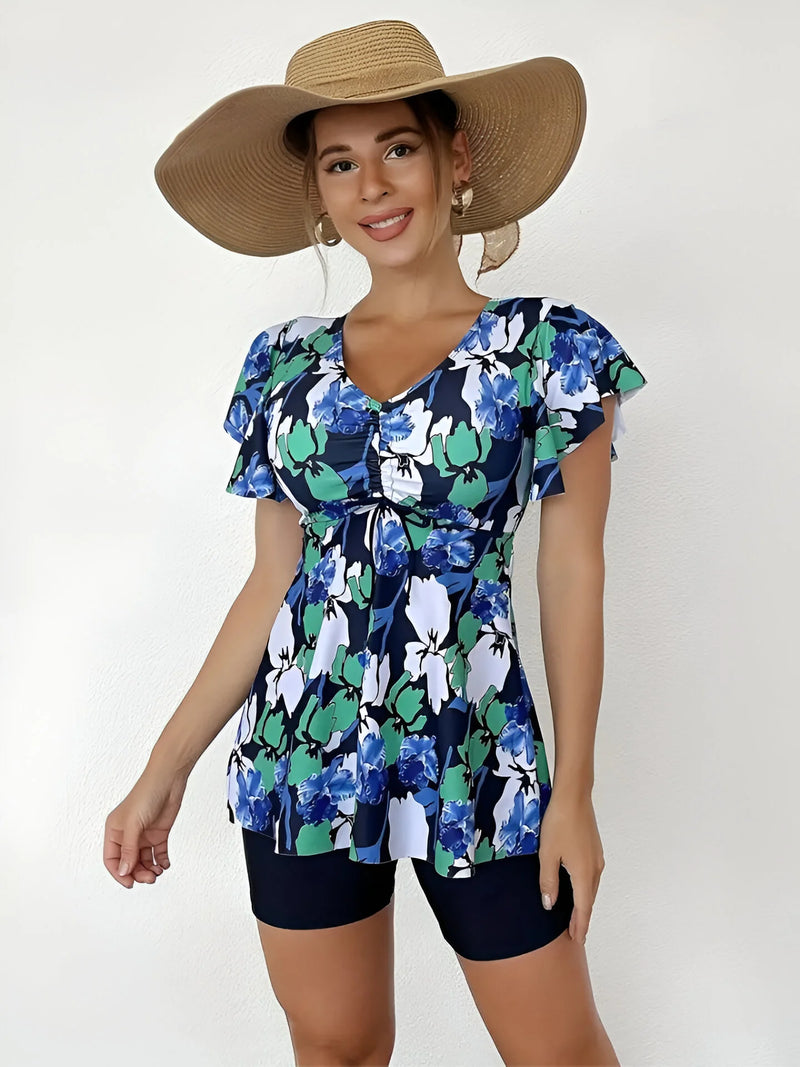 Blumiges Tankini-Set mit V-Ausschnitt und Rüschen-Trägern