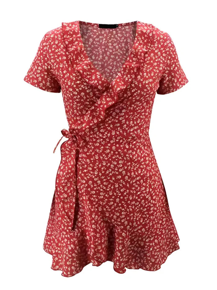 Blumen-Minikleid mit Rüschen und V-Ausschnitt