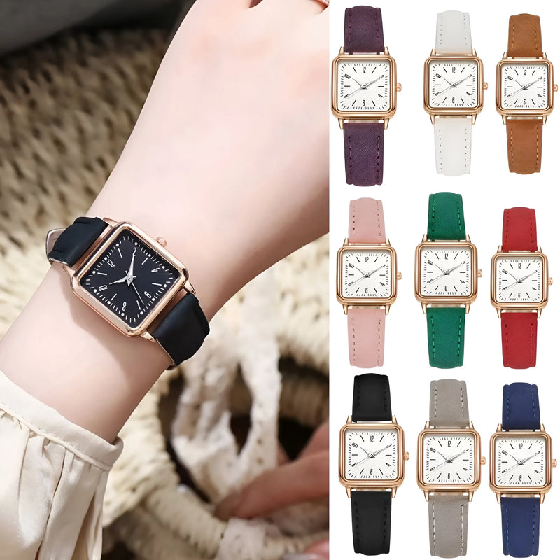Damen Quadrat Zifferblatt & Lederarmband Uhr