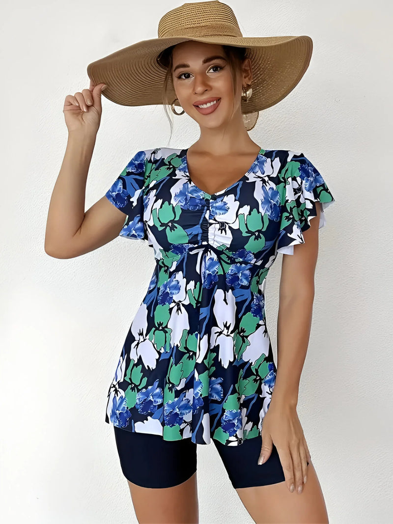 Blumiges Tankini-Set mit V-Ausschnitt und Rüschen-Trägern