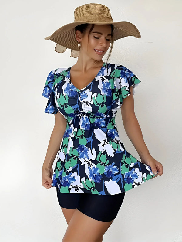 Blumiges Tankini-Set mit V-Ausschnitt und Rüschen-Trägern