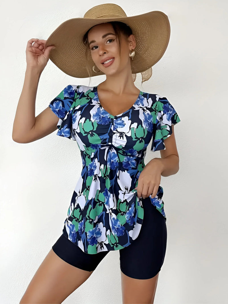 Blumiges Tankini-Set mit V-Ausschnitt und Rüschen-Trägern