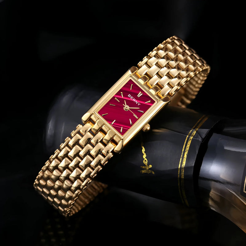 Damen Stylische Quadrat Gold Uhr