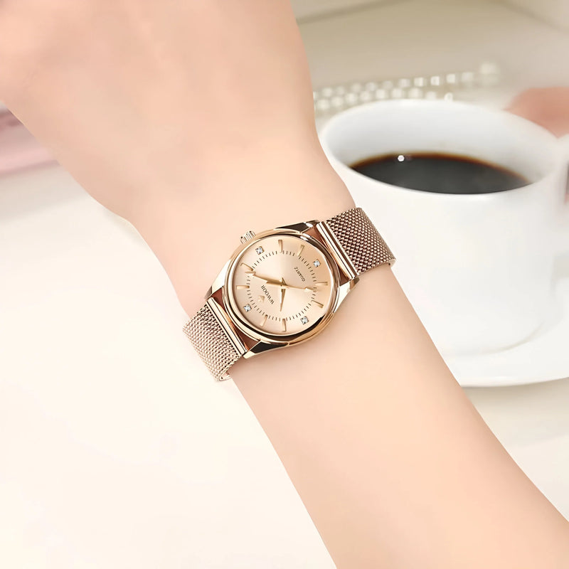 Damen Luxus Gold Mesh Quarz Uhr