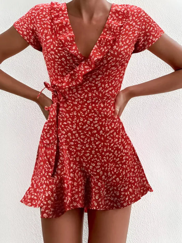 Blumen-Minikleid mit Rüschen und V-Ausschnitt