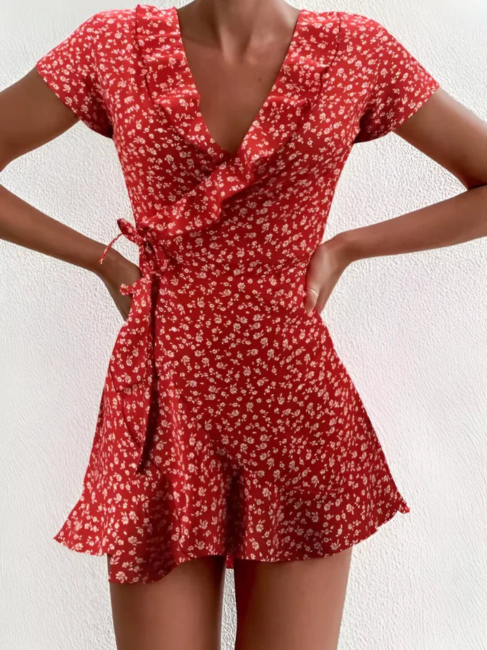 Blumen-Minikleid mit Rüschen und V-Ausschnitt