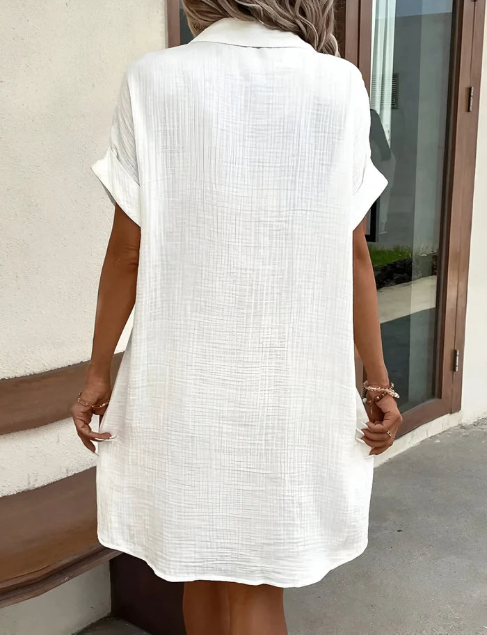 Women's V-Neck Button-Up Short Sleeve Dress with Pockets