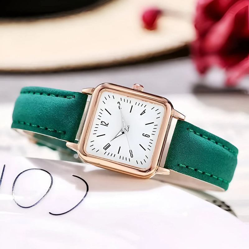 Damen Quadrat Zifferblatt & Lederarmband Uhr