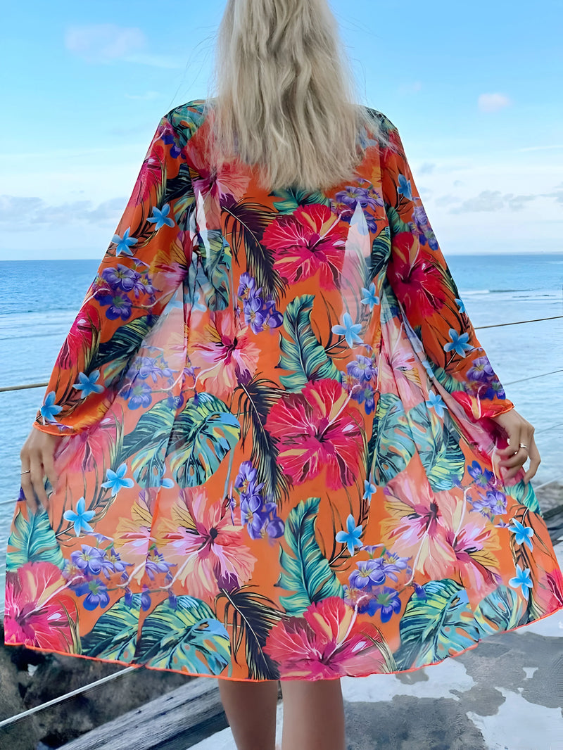 Bikini-Set mit tropischem Print und Kimono-Cover-Up