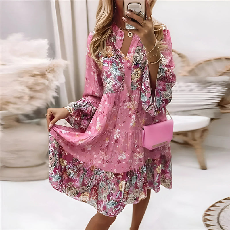 Boho-Kleid mit Blumenmuster, V-Ausschnitt und A-Linien-Silhouette