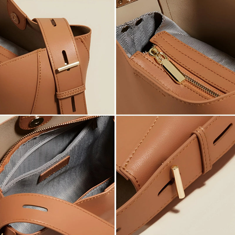 Moderne Schultertasche im Bucket-Stil mit Knopfverschluss
