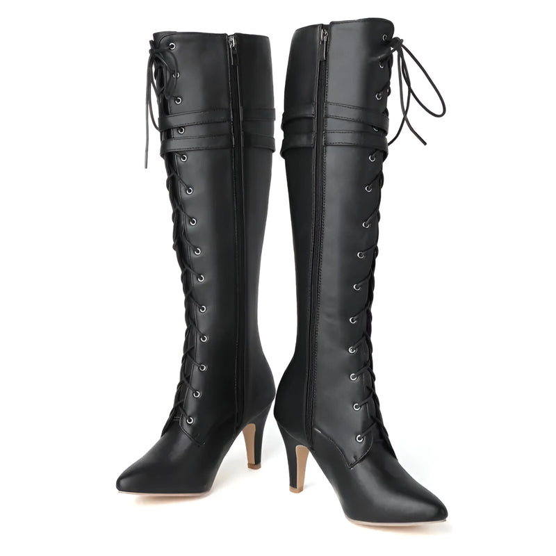 Damen Kniehohe Schnürstiefel mit Seitenreißverschluss