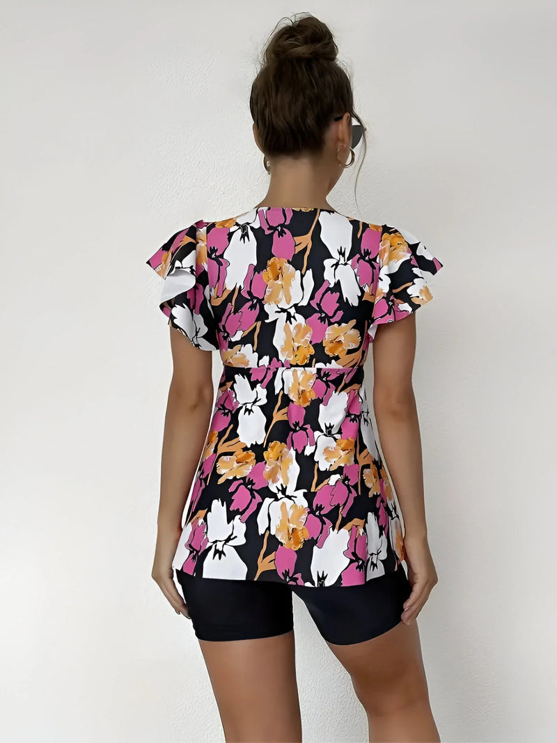Blumiges Tankini-Set mit V-Ausschnitt und Rüschen-Trägern