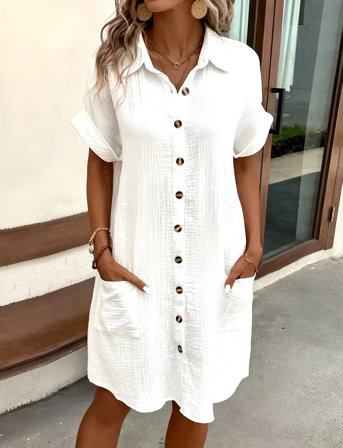 Women's V-Neck Button-Up Short Sleeve Dress with Pockets