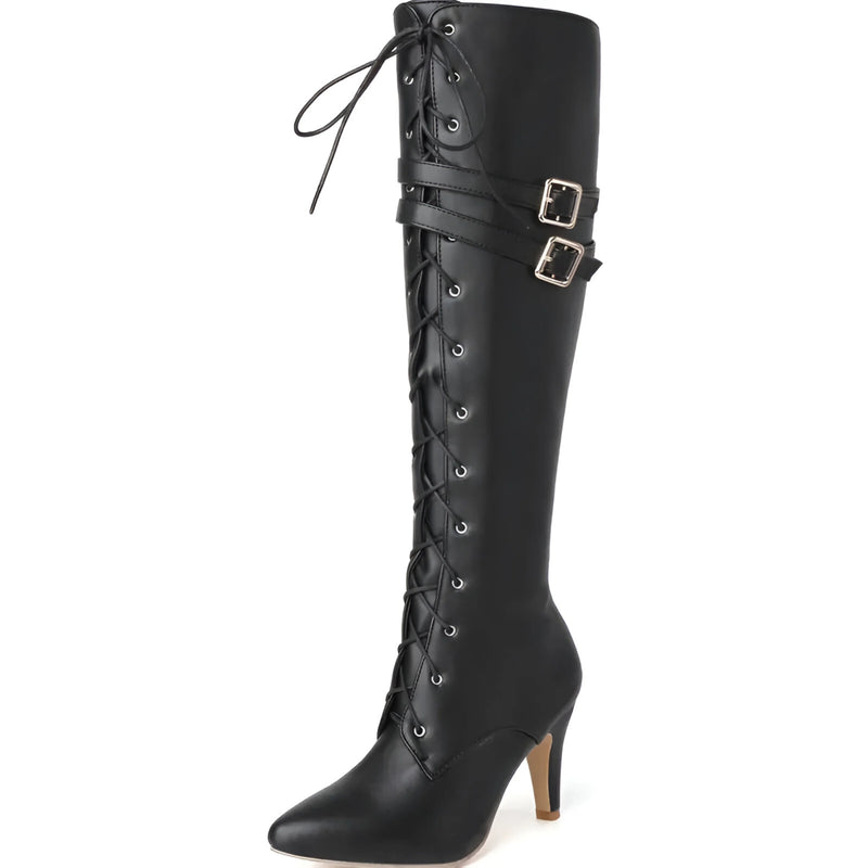 Damen Kniehohe Schnürstiefel mit Seitenreißverschluss