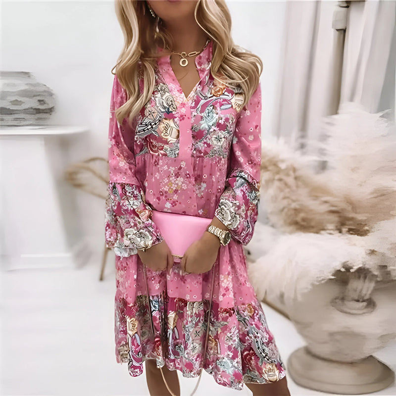 Boho-Kleid mit Blumenmuster, V-Ausschnitt und A-Linien-Silhouette
