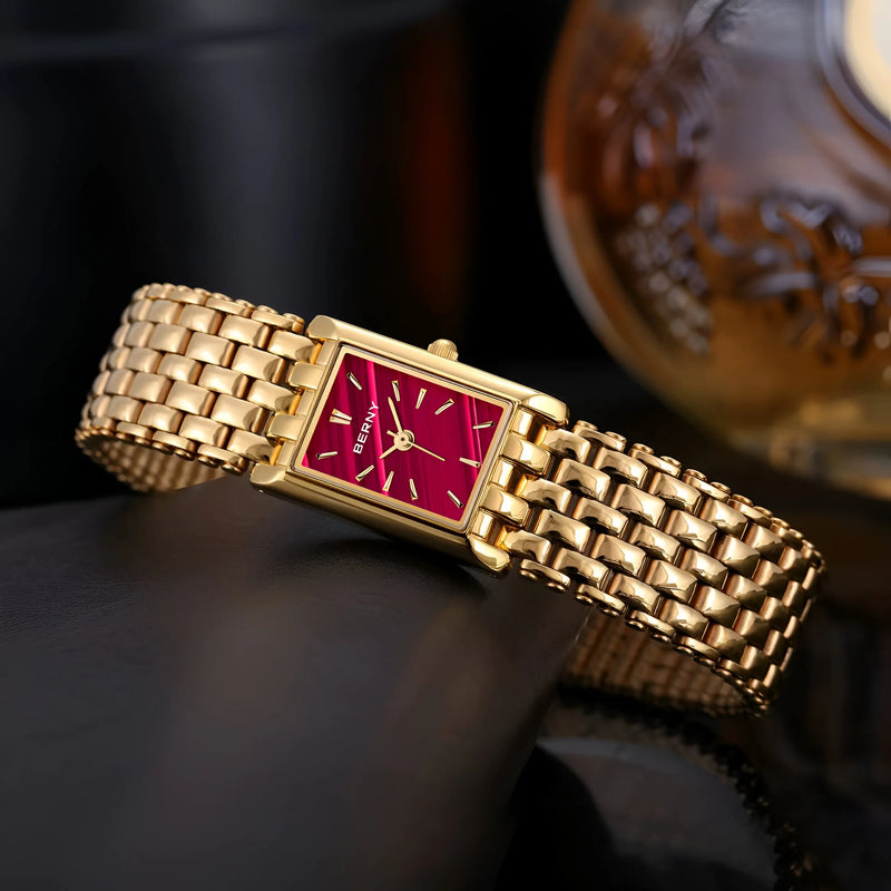 Damen Stylische Quadrat Gold Uhr