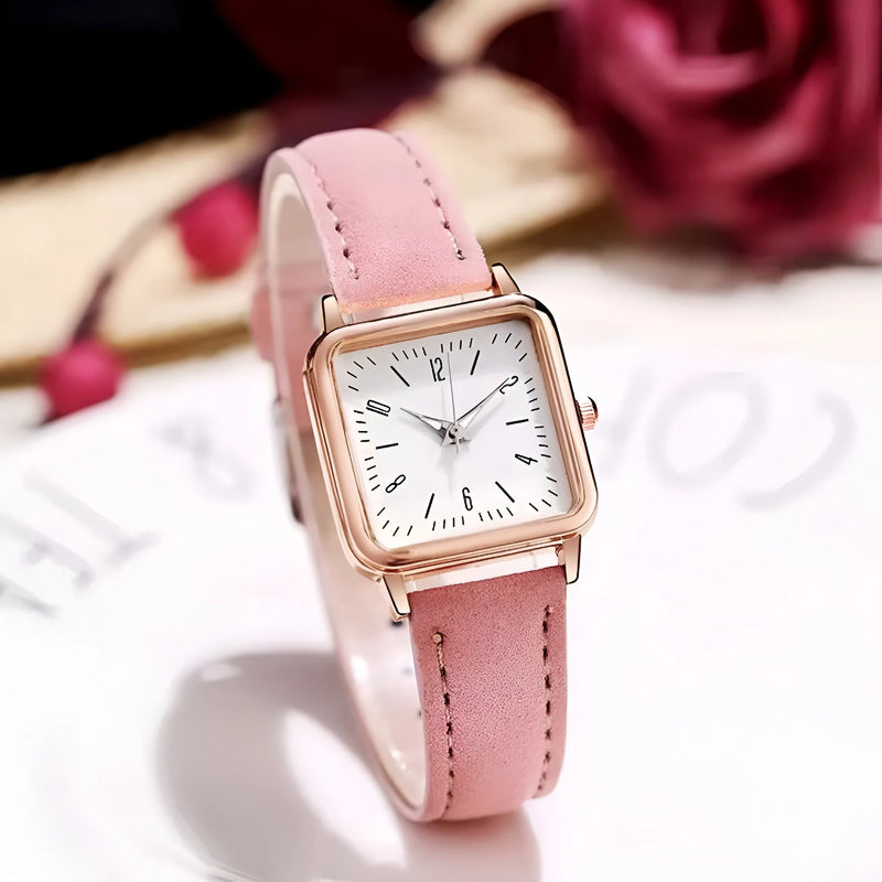 Damen Quadrat Zifferblatt & Lederarmband Uhr