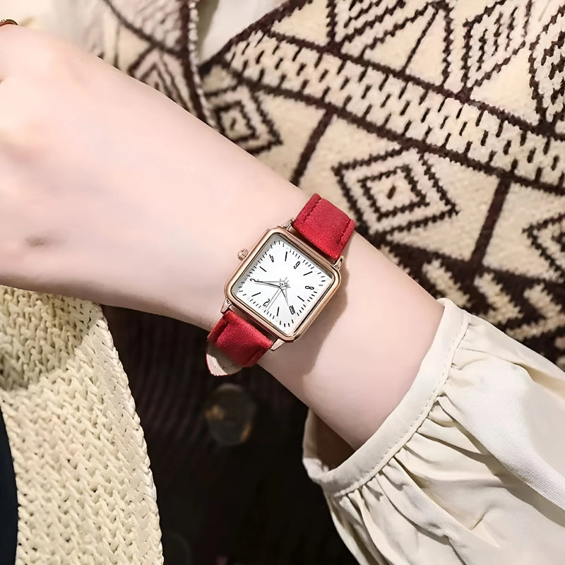 Damen Quadrat Zifferblatt & Lederarmband Uhr