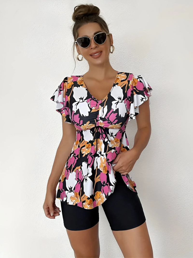 Blumiges Tankini-Set mit V-Ausschnitt und Rüschen-Trägern