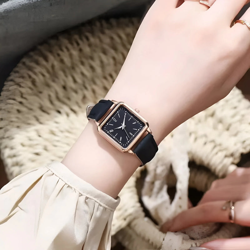 Damen Quadrat Zifferblatt & Lederarmband Uhr