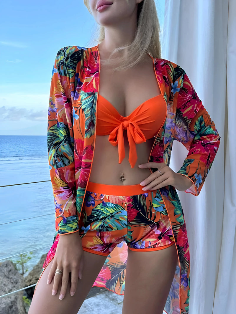 Bikini-Set mit tropischem Print und Kimono-Cover-Up