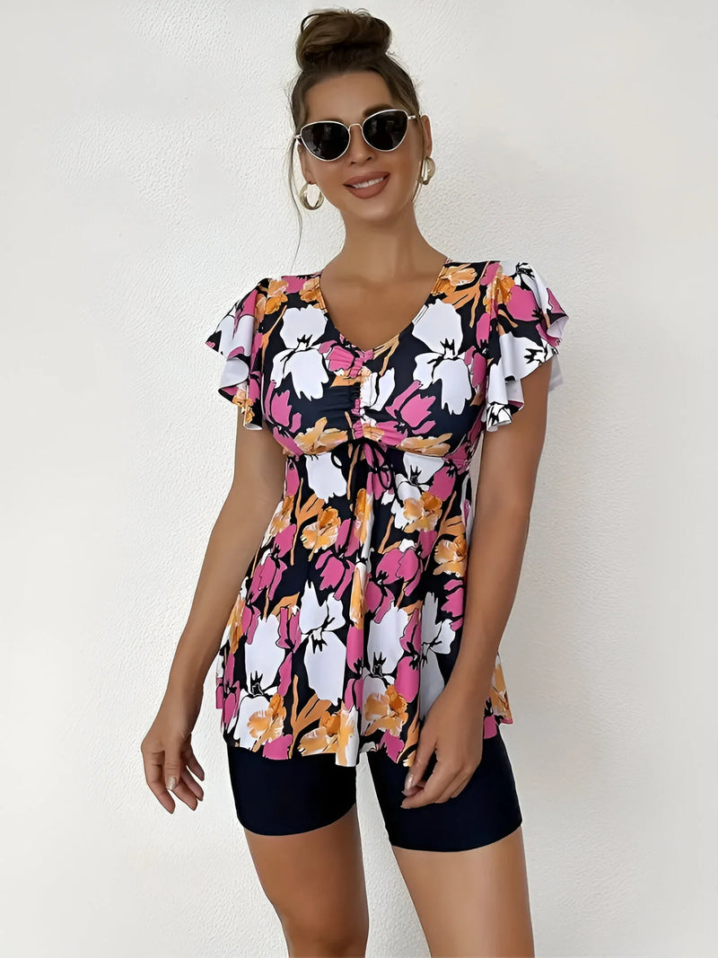 Blumiges Tankini-Set mit V-Ausschnitt und Rüschen-Trägern
