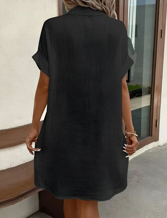 Women's V-Neck Button-Up Short Sleeve Dress with Pockets