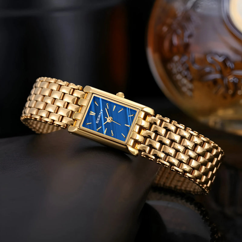 Damen Stylische Quadrat Gold Uhr