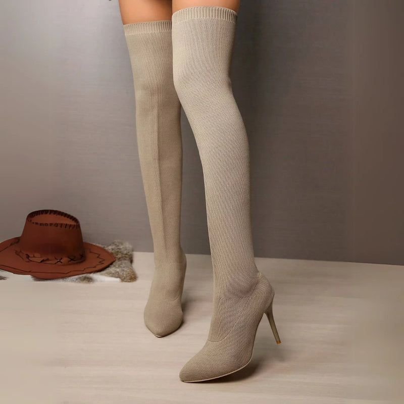 Damen Over-the-Knee Strick-Stiletto-Stiefel